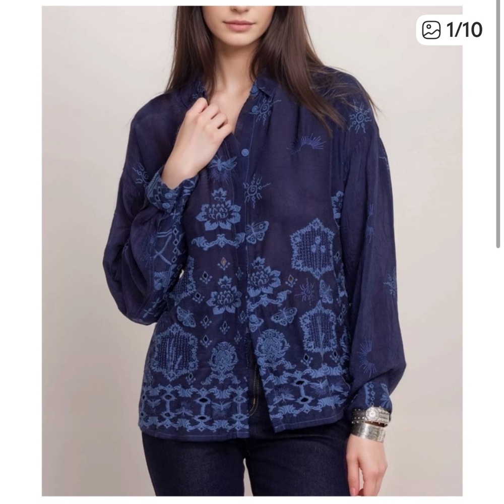 Johnny Was Navy Blue Firefly Glow Slim Audrey Button Down